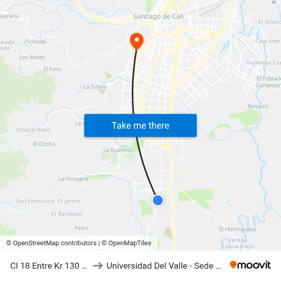 Cl 18 Entre Kr 130 Y 127c_2 to Universidad Del Valle - Sede San Fernando map