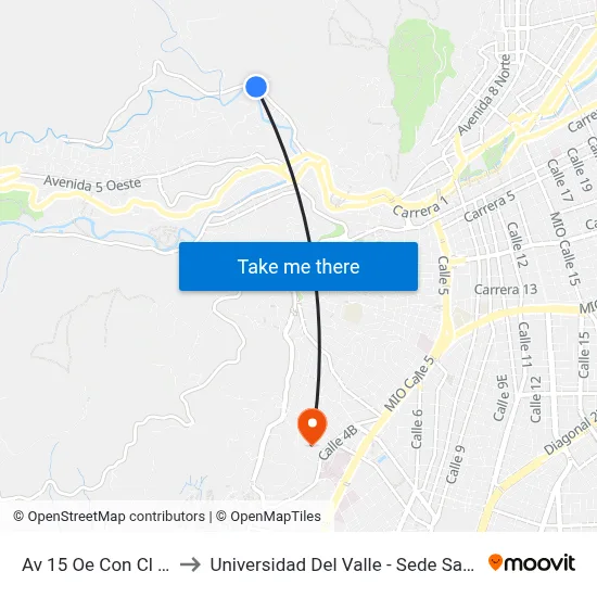 Av 15 Oe Con Cl 9 Oe_1 to Universidad Del Valle - Sede San Fernando map
