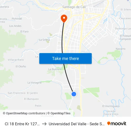 Cl 18 Entre Kr 127 Y 130_2 to Universidad Del Valle - Sede San Fernando map
