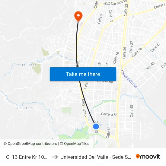 Cl 13 Entre Kr 100 Y 86_1 to Universidad Del Valle - Sede San Fernando map