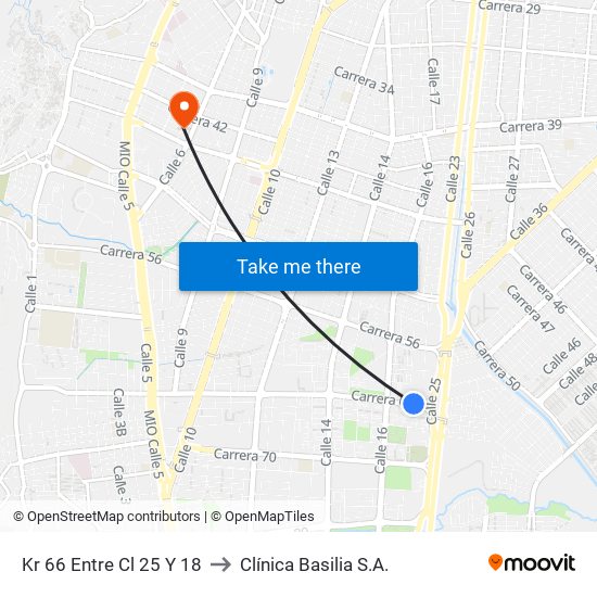 Kr 66 Entre Cl 25 Y 18 to Clínica Basilia S.A. map