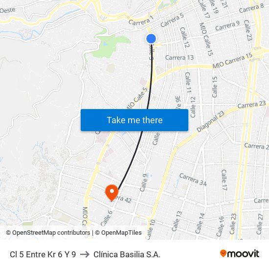 Cl 5 Entre Kr 6 Y 9 to Clínica Basilia S.A. map