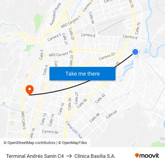 Terminal Andrés Sanín C4 to Clínica Basilia S.A. map