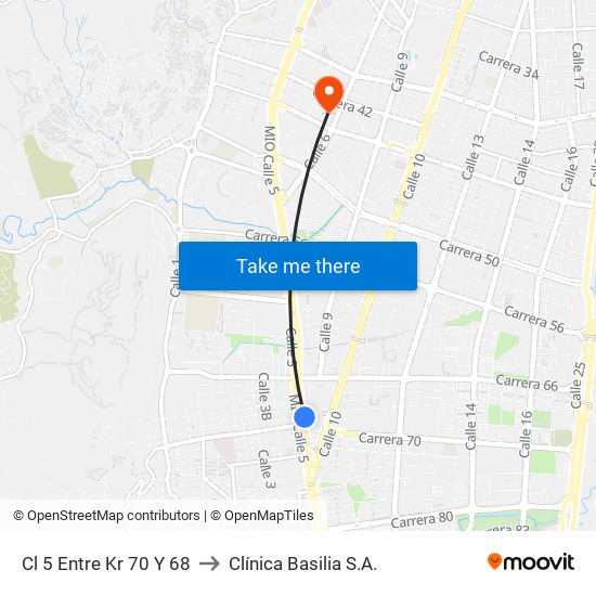 Cl 5 Entre Kr 70 Y 68 to Clínica Basilia S.A. map