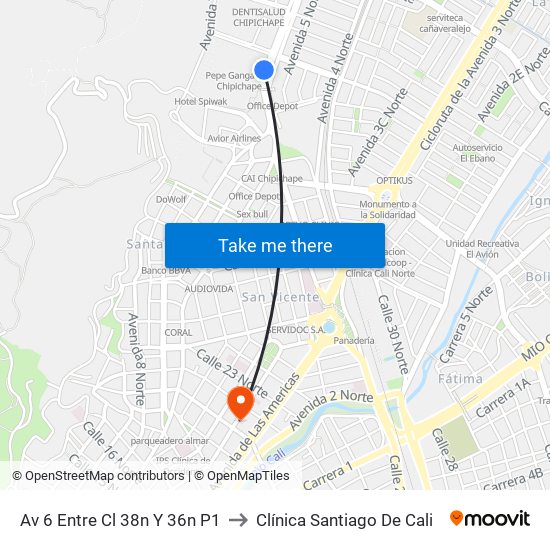 Av 6 Entre Cl 38n Y 36n P1 to Clínica Santiago De Cali map