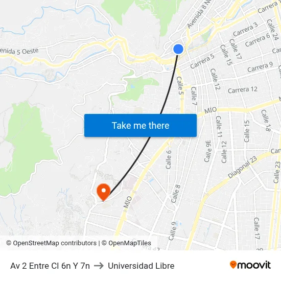 Av 2 Entre Cl 6n Y 7n to Universidad Libre map