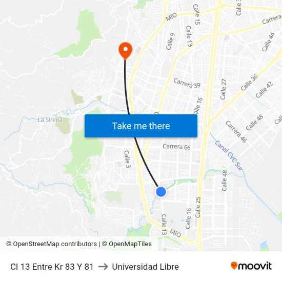 Cl 13 Entre Kr 83 Y 81 to Universidad Libre map