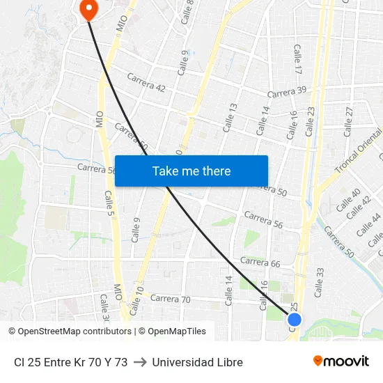 Cl 25 Entre Kr 70 Y 73 to Universidad Libre map