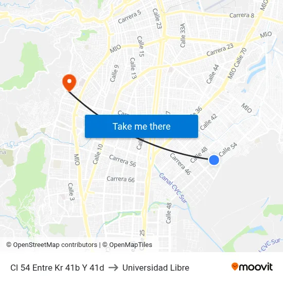 Cl 54 Entre Kr 41b Y 41d to Universidad Libre map
