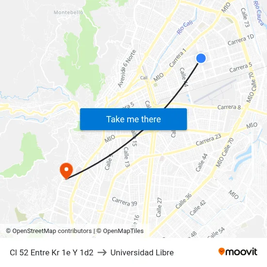 Cl 52 Entre Kr 1e Y 1d2 to Universidad Libre map