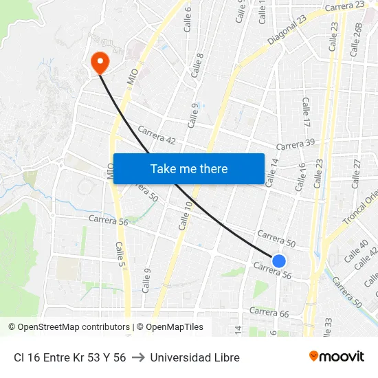 Cl 16 Entre Kr 53 Y 56 to Universidad Libre map