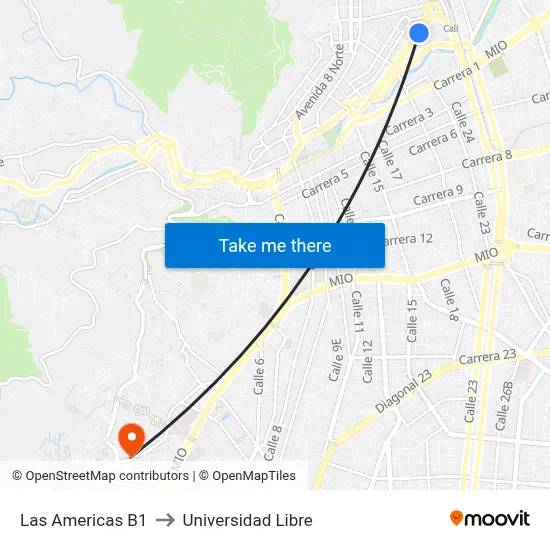 Las Americas B1 to Universidad Libre map
