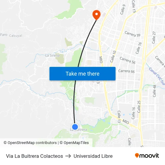 Via La Buitrera Colacteos to Universidad Libre map
