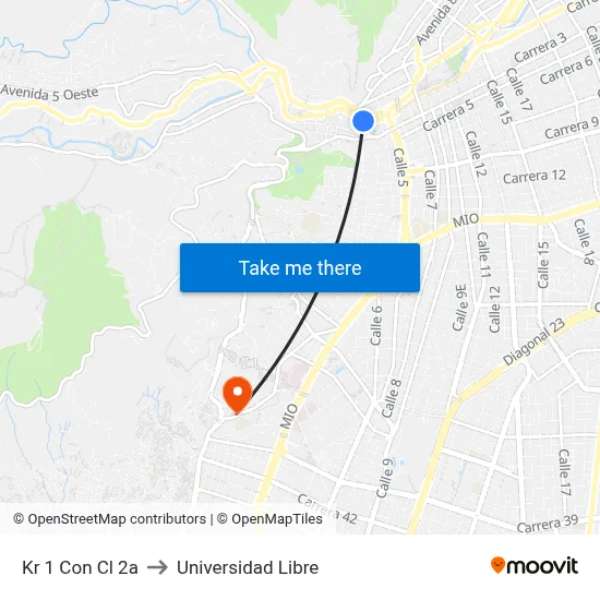 Kr 1 Con Cl 2a to Universidad Libre map