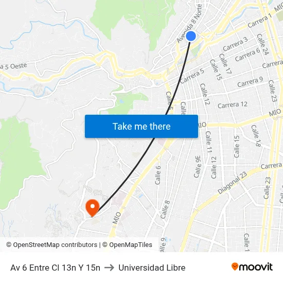 Av 6 Entre Cl 13n Y 15n to Universidad Libre map