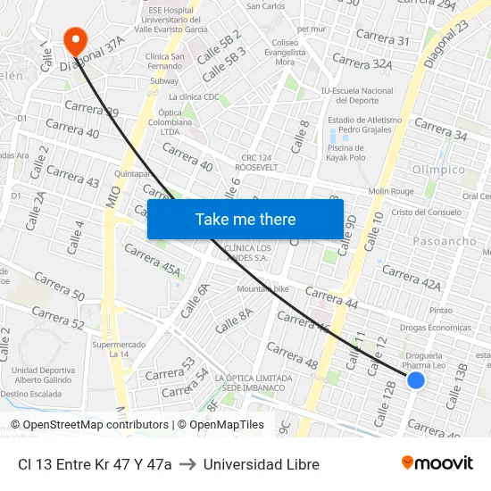 Cl 13 Entre Kr 47 Y 47a to Universidad Libre map