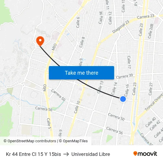 Kr 44 Entre Cl 15 Y 15bis to Universidad Libre map