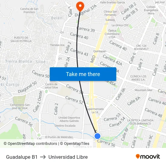 Guadalupe B1 to Universidad Libre map