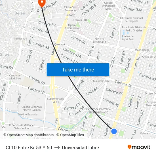 Cl 10 Entre Kr 53 Y 50 to Universidad Libre map