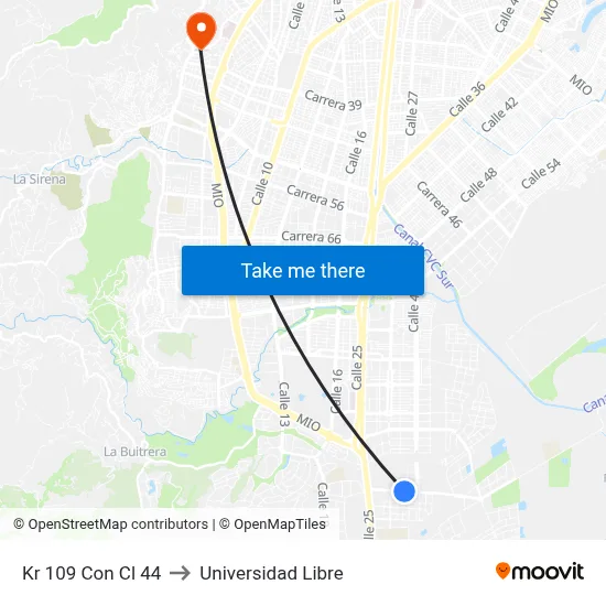 Kr 109 Con Cl 44 to Universidad Libre map