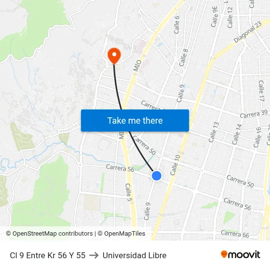 Cl 9 Entre Kr 56 Y 55 to Universidad Libre map