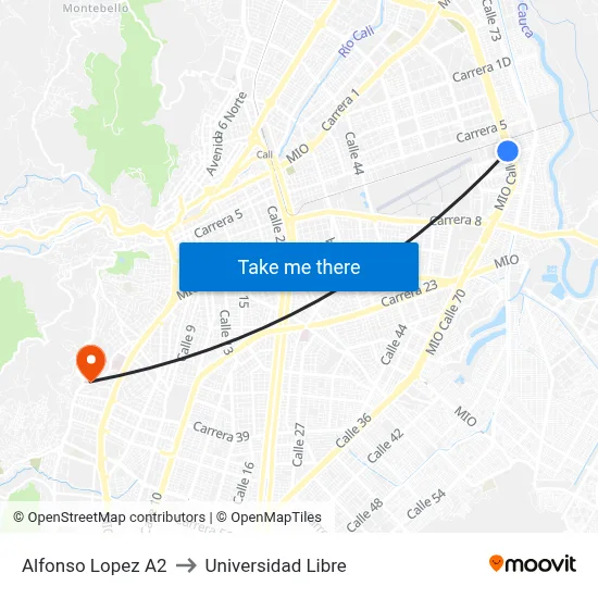 Alfonso Lopez A2 to Universidad Libre map