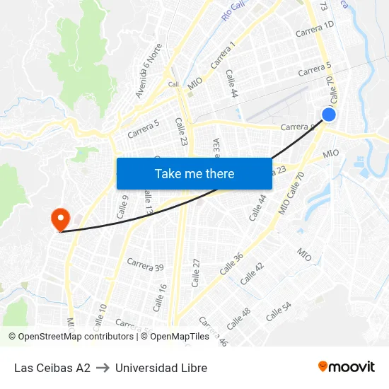 Las Ceibas A2 to Universidad Libre map
