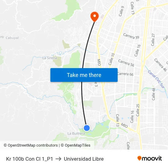 Kr 100b Con Cl 1_P1 to Universidad Libre map