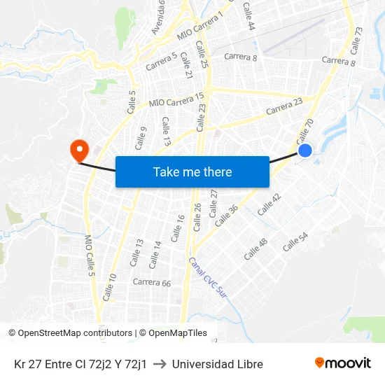 Kr 27 Entre Cl 72j2 Y 72j1 to Universidad Libre map