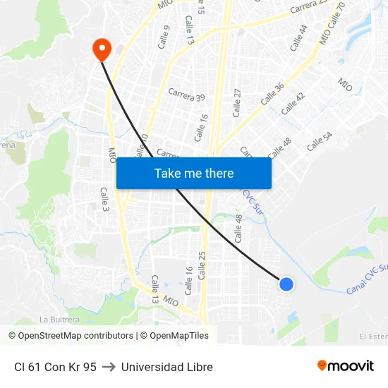 Cl 61 Con Kr 95 to Universidad Libre map