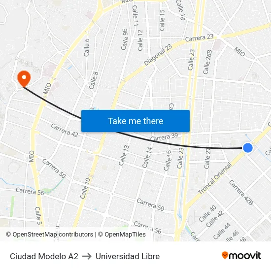 Ciudad Modelo A2 to Universidad Libre map