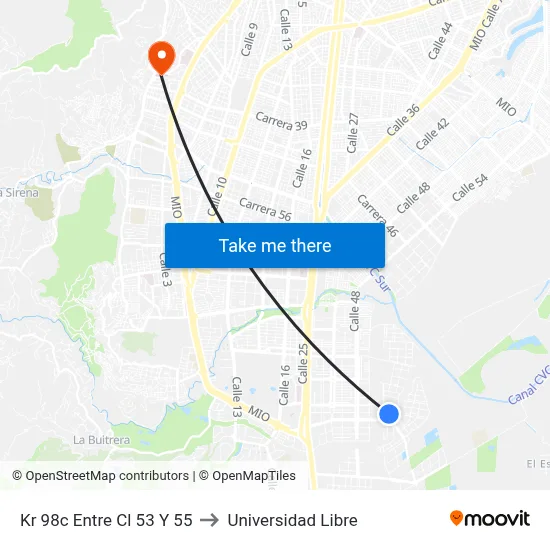 Kr 98c Entre Cl 53 Y 55 to Universidad Libre map