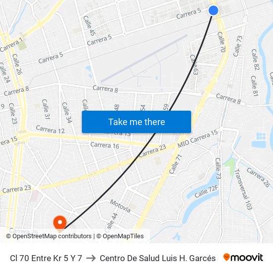 Cl 70 Entre Kr 5 Y 7 to Centro De Salud Luis H. Garcés map