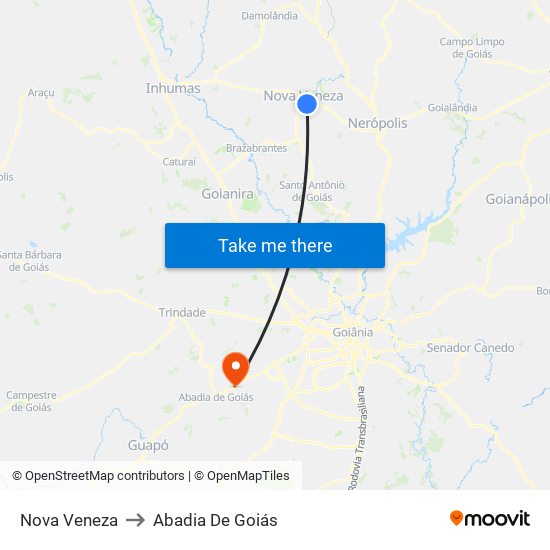 Nova Veneza to Abadia De Goiás map