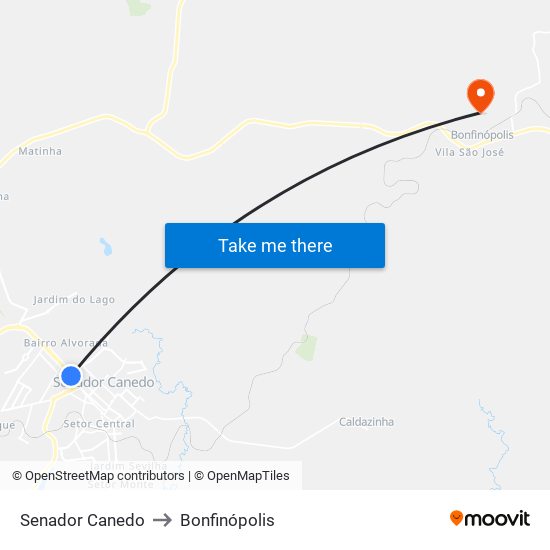 Senador Canedo to Bonfinópolis map