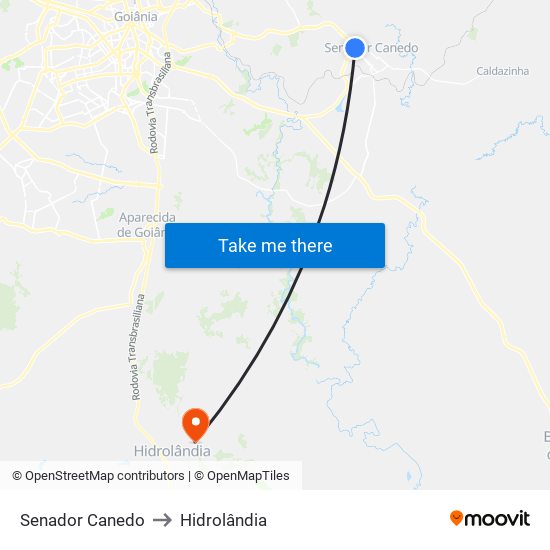 Senador Canedo to Hidrolândia map