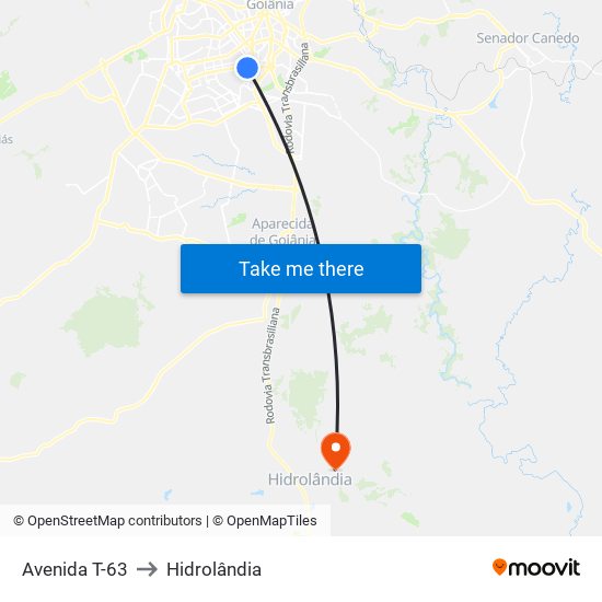 Avenida T-63 to Hidrolândia map