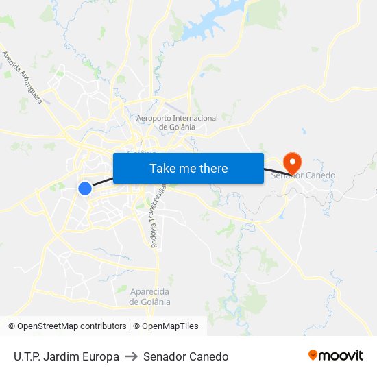 U.T.P. Jardim Europa to Senador Canedo map