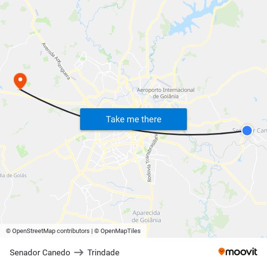Senador Canedo to Trindade map