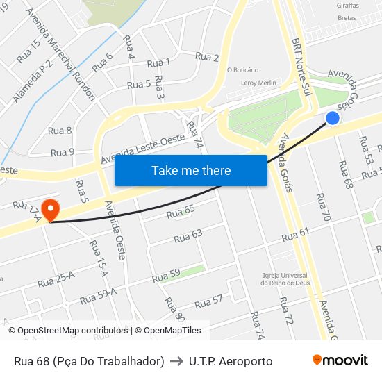 Rua 68 (Pça Do Trabalhador) to U.T.P. Aeroporto map