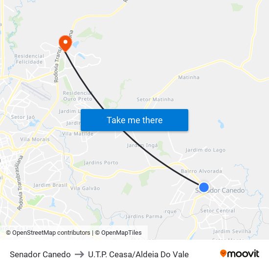 Senador Canedo to U.T.P. Ceasa/Aldeia Do Vale map