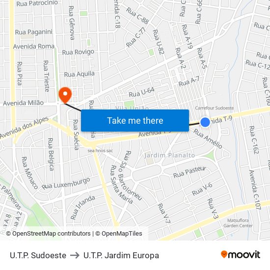 U.T.P. Sudoeste to U.T.P. Jardim Europa map