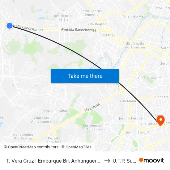 T. Vera Cruz | Embarque Brt Anhanguera | Sentido: Pe. Pelágio to U.T.P. Sudoeste map