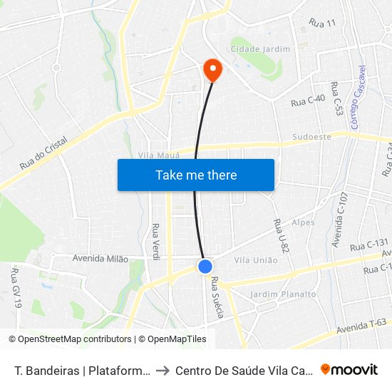 T. Bandeiras | Plataforma C to Centro De Saúde Vila Canaã map