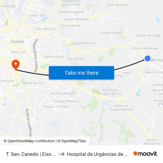T. Sen. Canedo | Eixo Anhanguera to Hospital de Urgências de Goiânia (HUGO) map