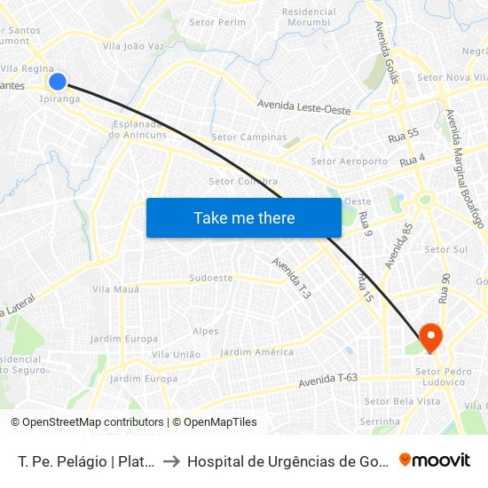 T. Pe. Pelágio | Plataforma D to Hospital de Urgências de Goiânia (HUGO) map