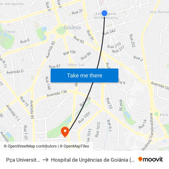 Pça Universitária to Hospital de Urgências de Goiânia (HUGO) map