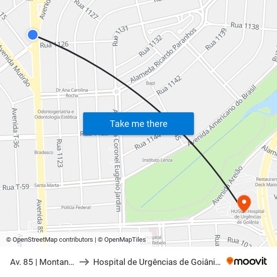 Av. 85 | Montana Grill to Hospital de Urgências de Goiânia (HUGO) map