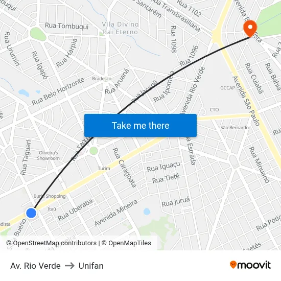 Av. Rio Verde to Unifan map