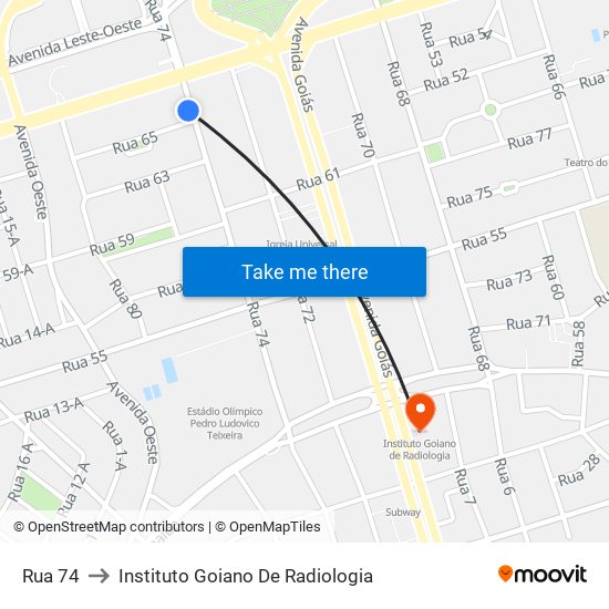 Rua 74 to Instituto Goiano De Radiologia map